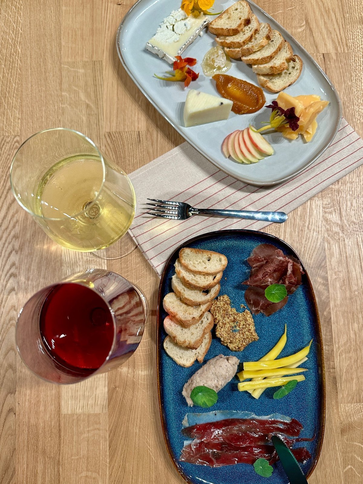 Cheese and charcuterie boards with wine at Therapie